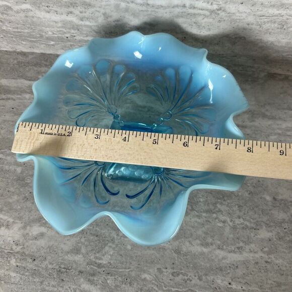 Northwood Blue Opalescent Ruffled Candy‎ Dish Shell Design Square Pedestal Base - Picture 4 of 16